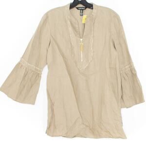 NEW Ellen Tracy Tunic Top Linen Boho Peasant Bell Sleeve Beachy Zip Brown Medium